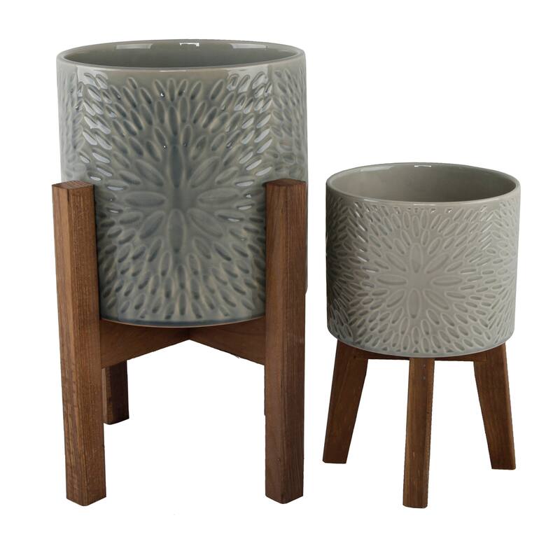 Mid-Century Set of 2 10" & 8" Sunburst Ceramic Planter on Wood Stand