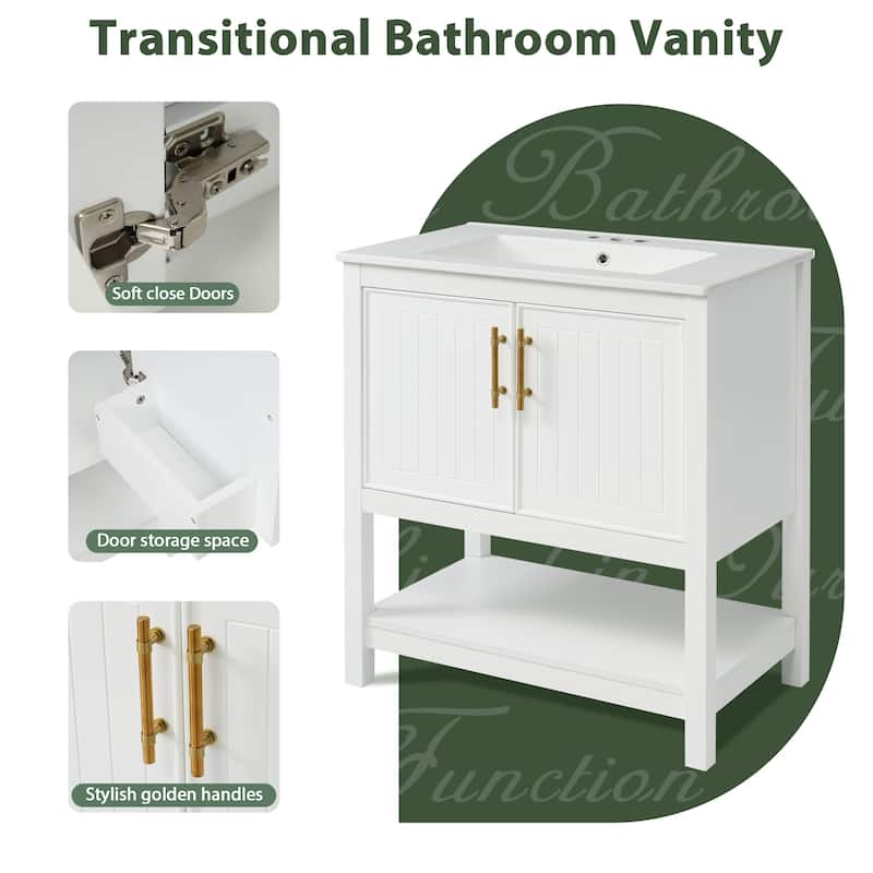 Vertical Stripe Storage Cabinet Versatile Bathroom Vanity with Ceramic Sink, Open Shelf, Door Storage Boxes and Golden Handles
