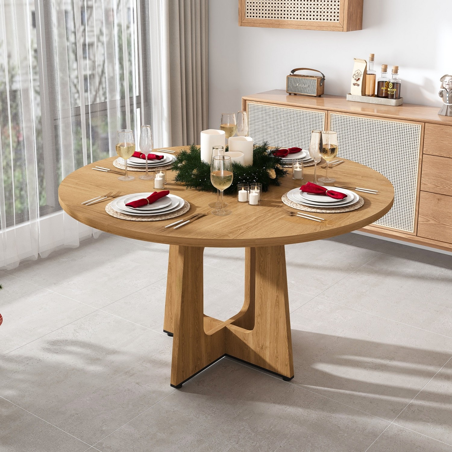 47.24" Farmhouse Round Wooden Dining Table with Oak Finish