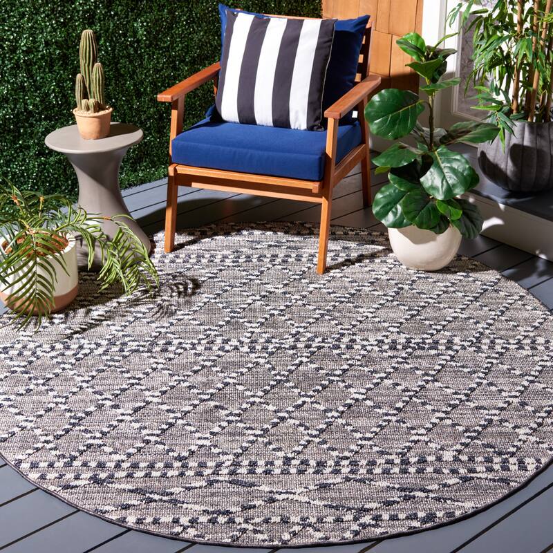 SAFAVIEH Global Berlinde Moroccan Trellis Indoor/ Outdoor Waterproof Patio - 6'7" x 6'7" Round - Grey/Ivory - Round