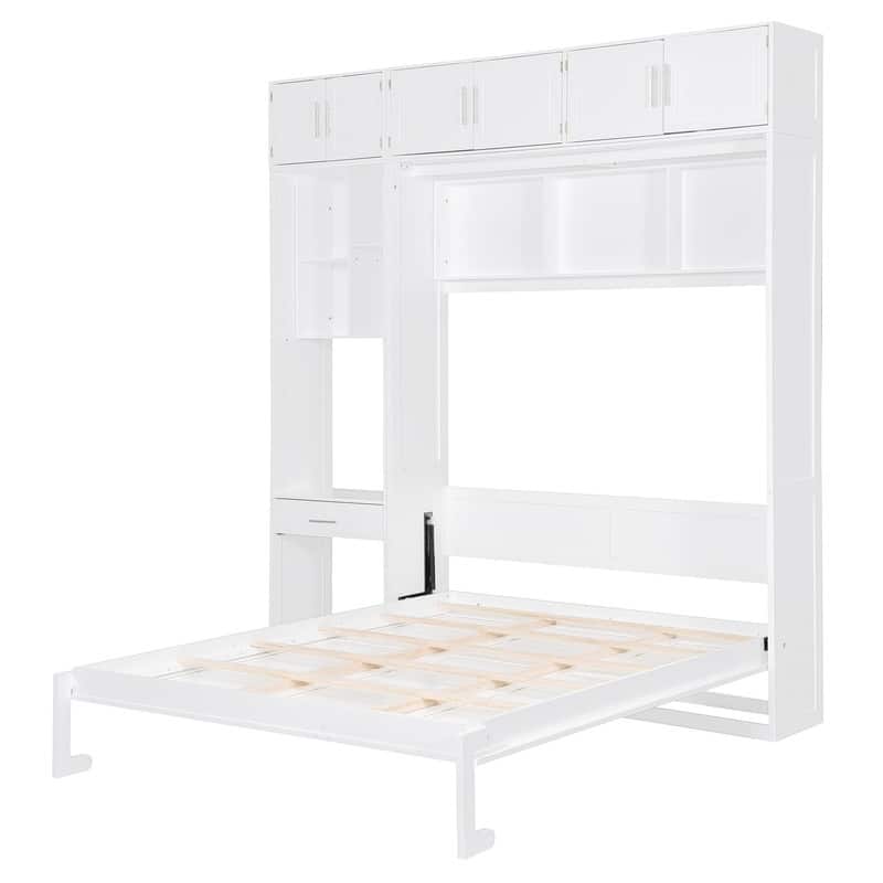 Queen Size Wall Murphy Bed with Desk, Top Cabinet and Storage Shelves, Space Saving Foldable Bed