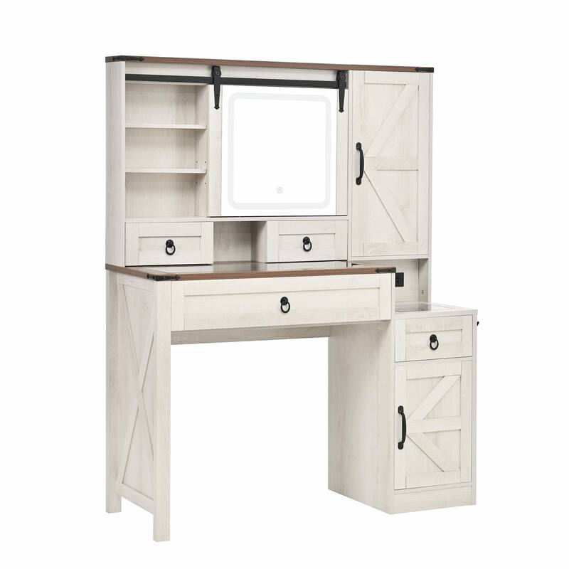 Farmhouse Vanity Desk with Sliding Mirror & Lights, Glass Top Vanity Set