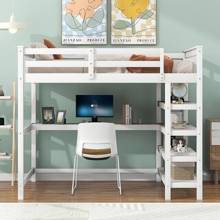 Full Size Loft Bed with Desk and Shelves, White Finish