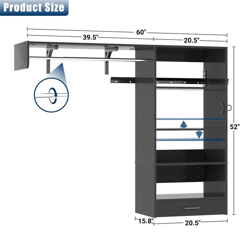 60'' Wall-mounted Closet System with Hanging Rods, Clothing Organizer with Tower Shelves for Laundry Room