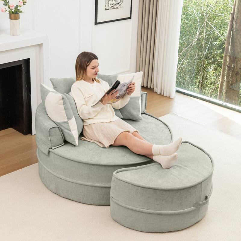 47.63" Round Lazy Fully Compression Sofa, Chenille, with Ottoman