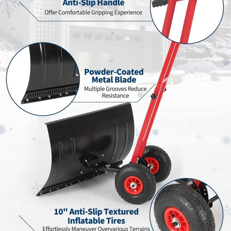 29.13x19.8 in Heavy Duty Rolling Snow Pusher Shovel for Driveway, Doorway, Sidewalk