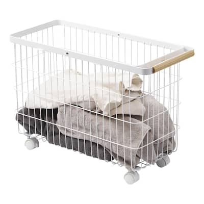 Yamazaki Home Rolling Wire Basket, Steel and Wood, 9.2 gallons, 35L, Holds 11 lbs - L 9.84 x W 21.85 x H 14.76 inches
