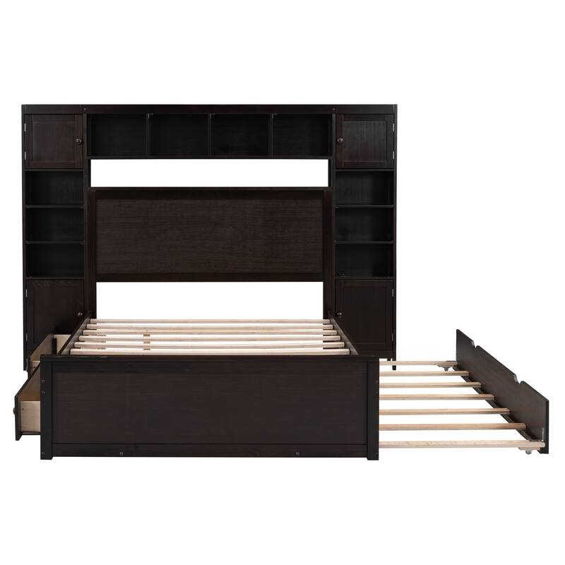 Full Size Wooden Platform Bed with Built-in Storage, Shelves, and Outlets, Espresso Finish