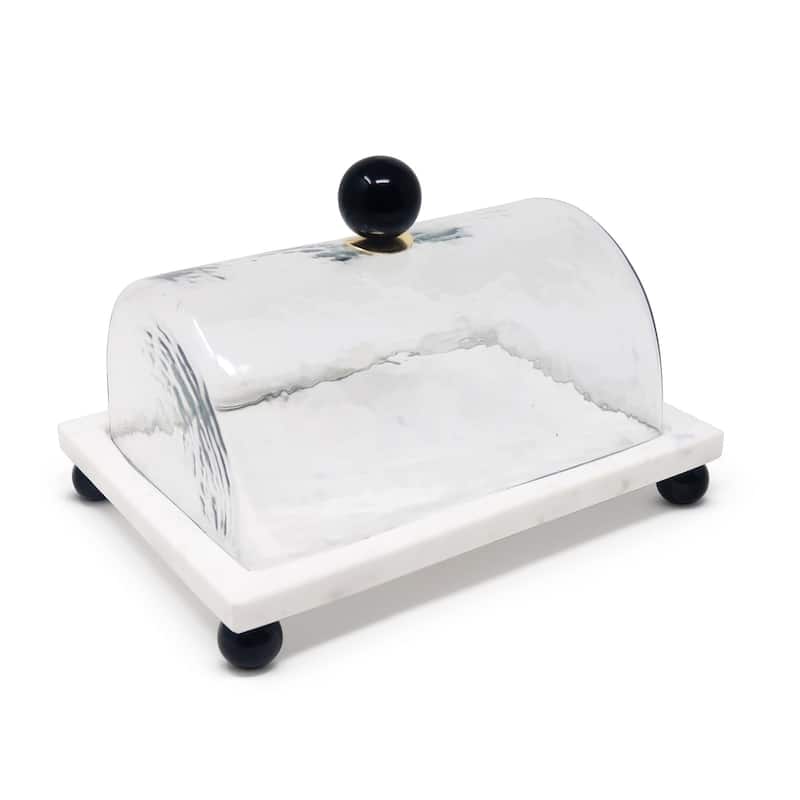Marble Cake Plater with Glass Cover with Clear Ball Knob - 10.4"L - Black Knob