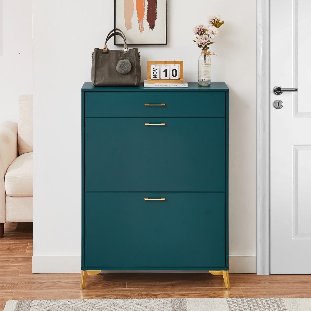 Rattan Narrow Shoe Cabinet with 3 FILP Drawers Freestanding Shoe Storage Organizer Modern Shoe Cabinet for Entryway Bed Bath Beyond 40118789