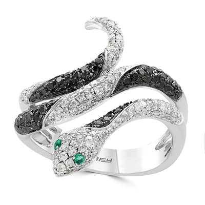 Effy Women's 14K White Gold Diamond,Black Diamond,Natural Emerald Snake Ring
