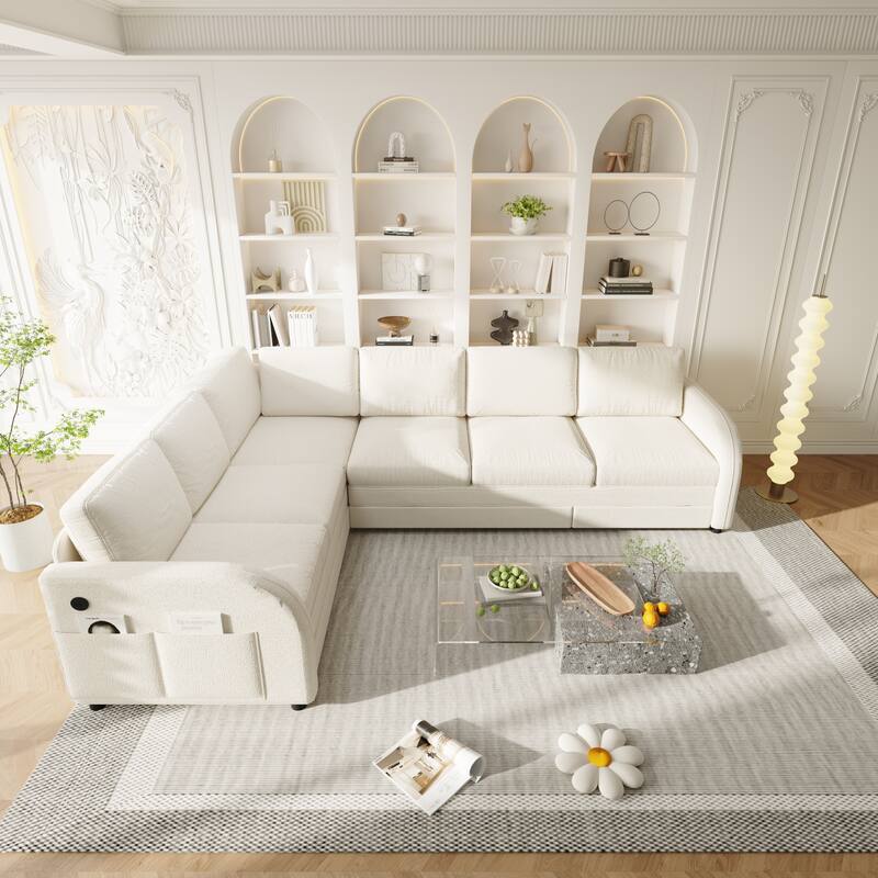 115" L-Shaped Sectional with Pull-Out Bed, USB Ports & Side Pockets, King Size Upholstered Bed