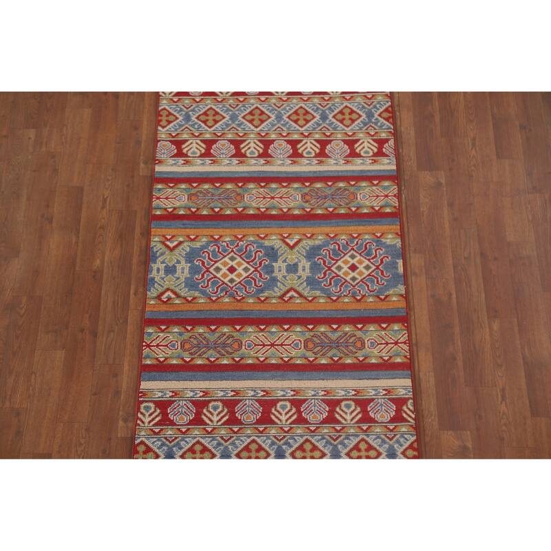 Hand Knotted Oriental 100% Wool Carpet Traditional All-Over Multi-Colored Kazak Runner Rug - 16' 0'' X 2' 7''