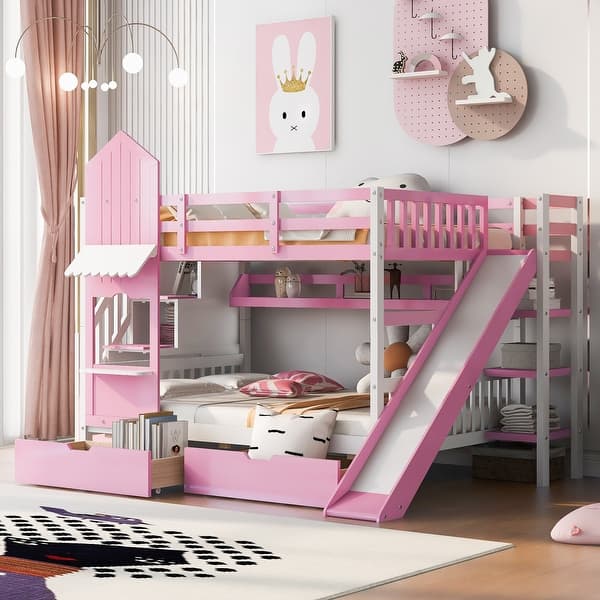 slide 2 of 5, Pine Wood Castle Bunk Bed with Drawers, Shelves, and Slide for Kids Over 6 Pink
