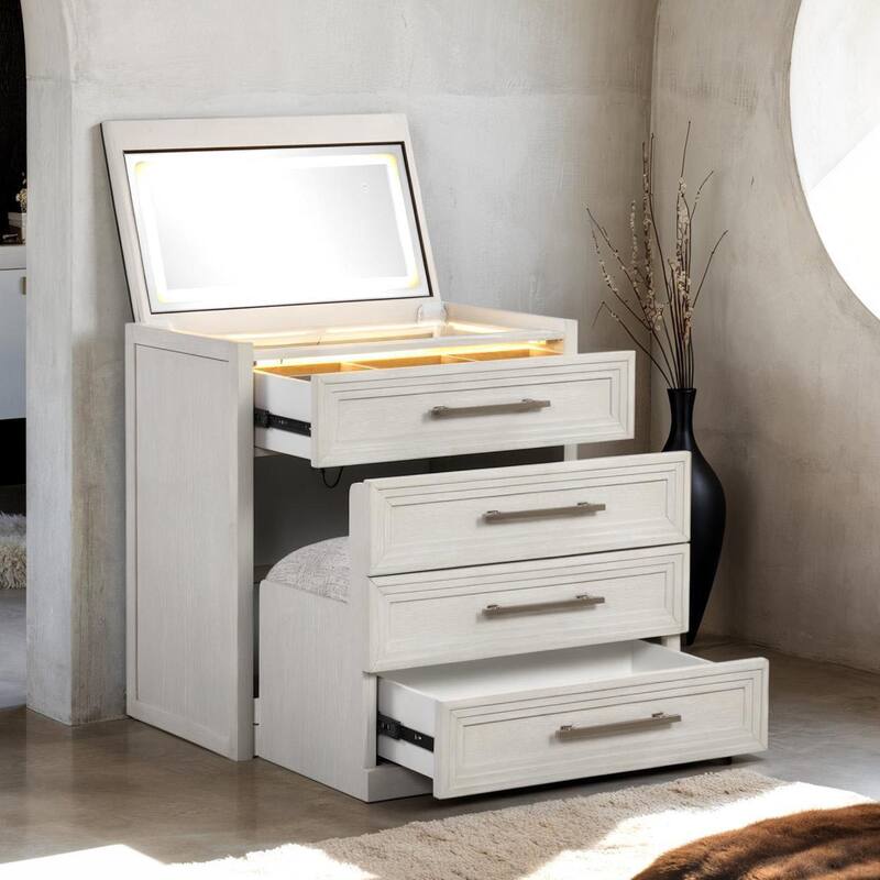 Furniture of America Elettra Modern Wood White Vanity Set with Storage Stool - White