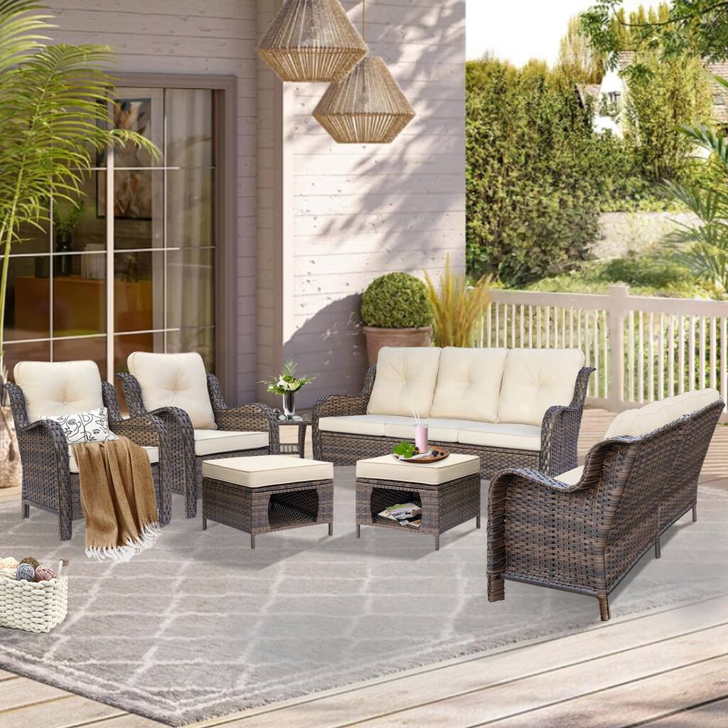 Brown Wicker Outdoor Patio Conversation Sofa Sets with Storage Ottoman