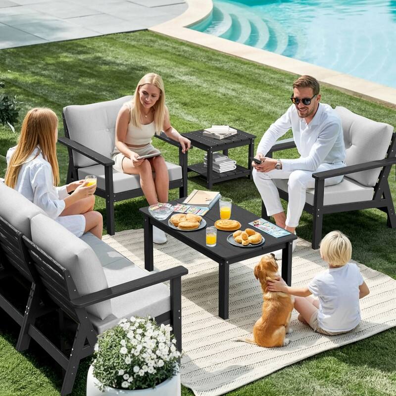 7-Piece HDPE Patio Conversation Seating Set with Cushions - 7-Pieces