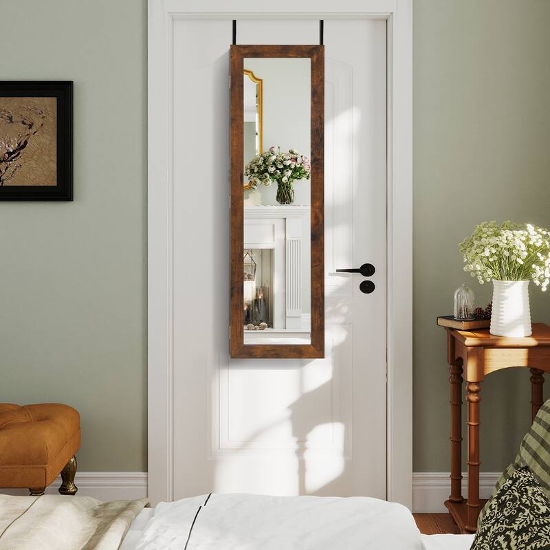 Wall Mounted or Door Hanging Jewelry Cabinet with Full Length Mirror and LED Lights - 12.5" x 3.7" x 42"