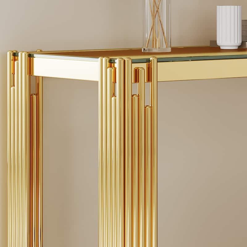 Top and Bottom Double Layer Tempered Glass Console Table - Gold