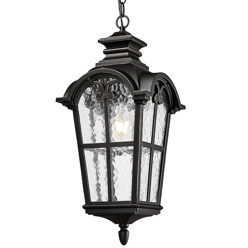 21 Inch Outdoor Pendant Light with Water Glass Shade - Matte black and Gold Trim