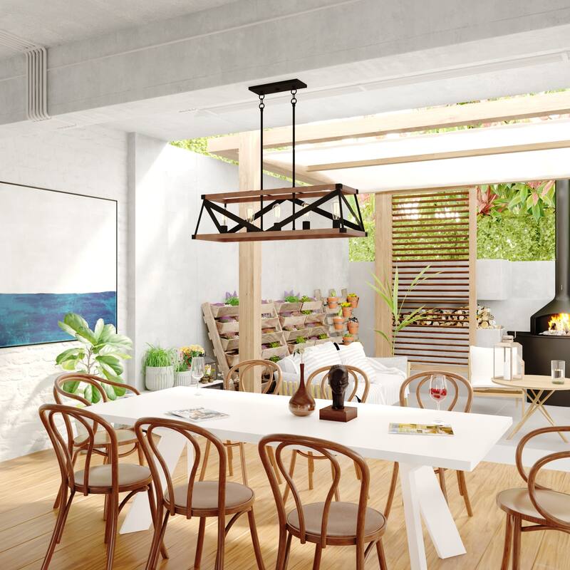 Wade 5L Black and Wood Rustic Cage Linear Chandelier Island Pendant Light Fixture - 36.75-in W x 10.75-in H x 12.75-in D