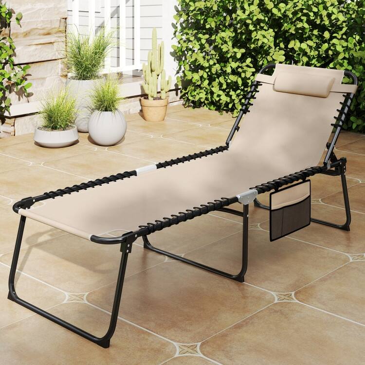 Fabric Metal Oversized Folding Patio Chaise Lounge with Adjustable Backrest, Side Pocket - 66"-74" x 27" x 16"-34" (L x W x H)