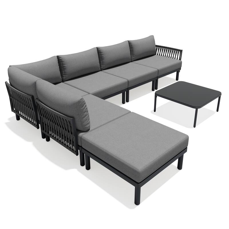 Outdoor Modular All-Weather Aluminum Cushioned Sectional Sofa Set with Deep Seating Patio Conversation Set - 6PC - Dark Grey