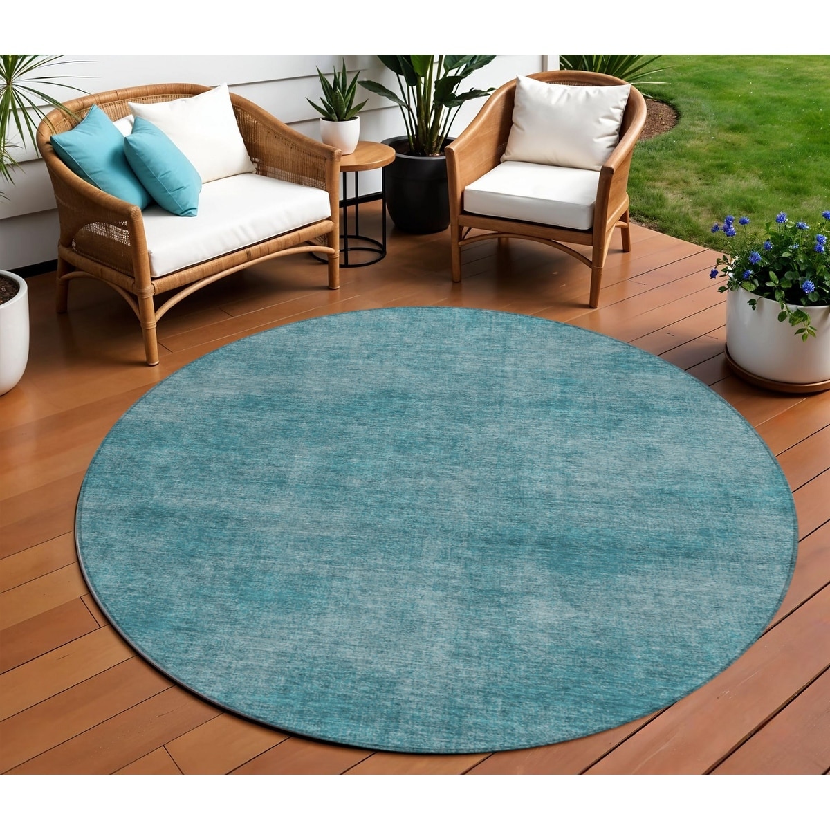8' Teal Blue Round Washable Indoor Outdoor Area Rug - 8' x 11'