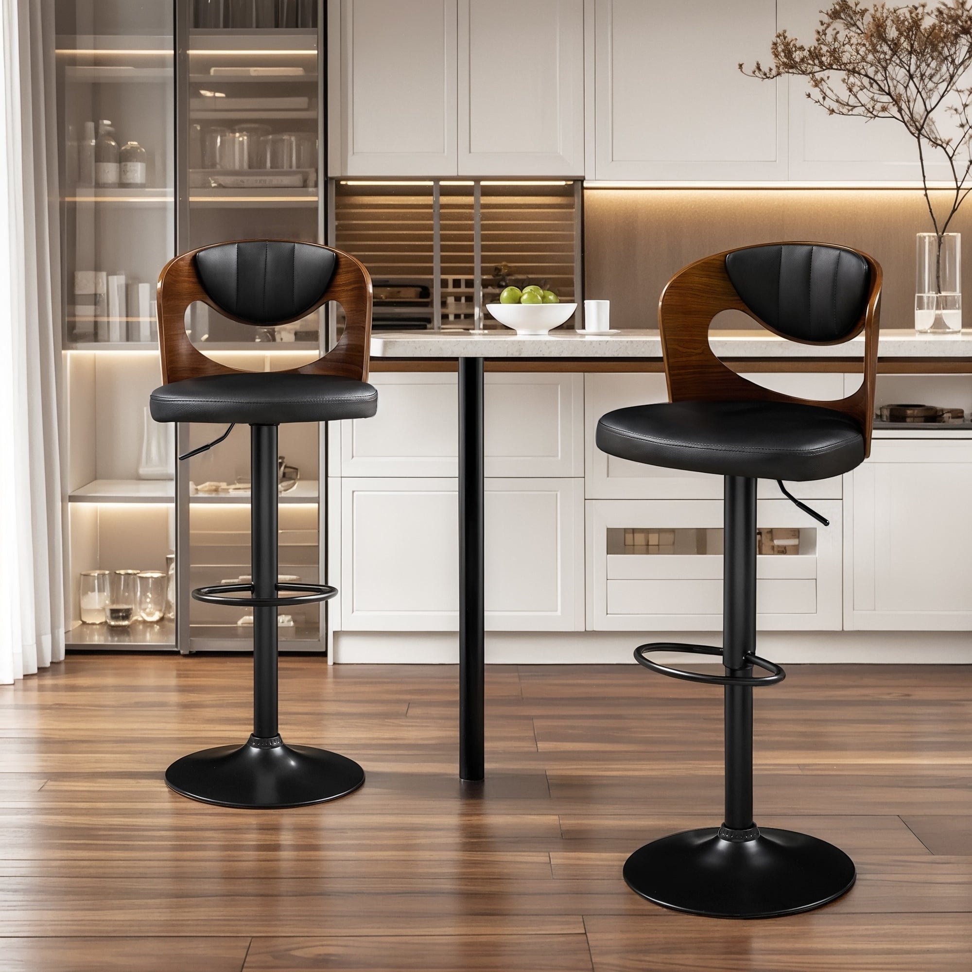 VECELO Set of 2 Adjustable Height Swivel Bar Stools with Back PU Leather Bentwood Barstools 330 lbs Capacity for Kitchen Counter