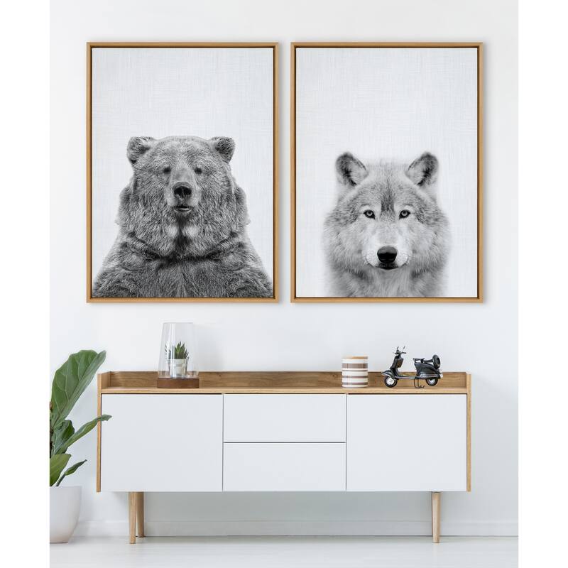 Kate and Laurel Sylvie Wolf Black and White Portrait Framed Canvas Wall Art by Simon Te Tai, 18x24 Gray