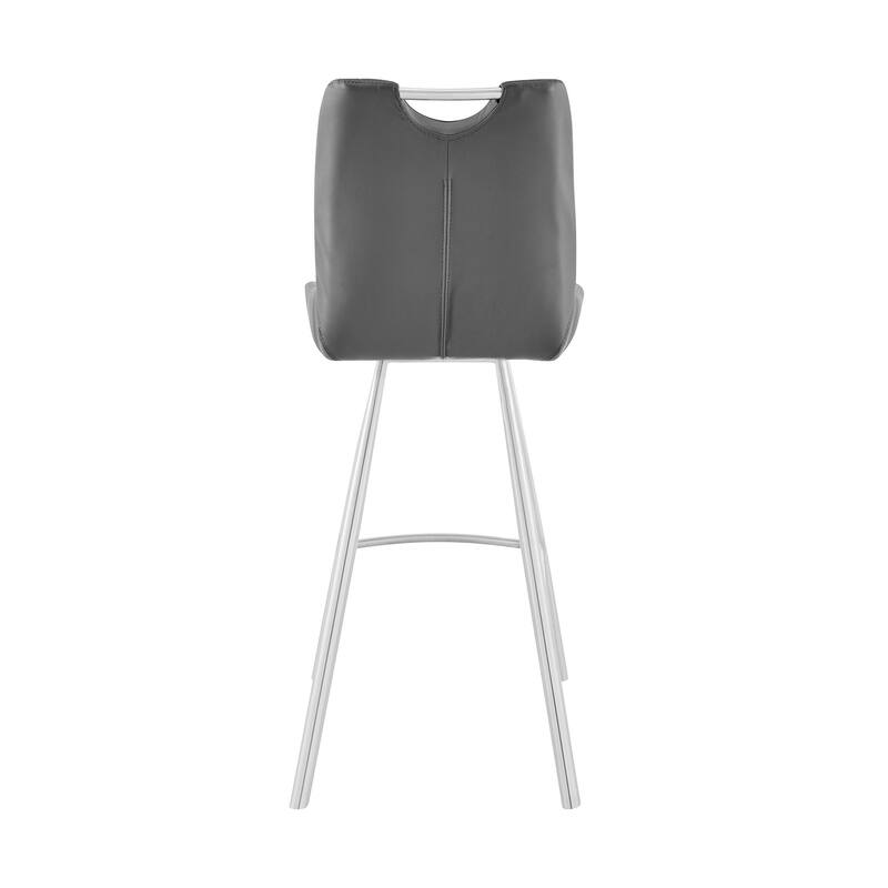 Modern 30 Inch Bar Height Stool in Grey Faux Leather with Steel Frame and Footrest for Kitchen - 42"H x 21"W x 19"D