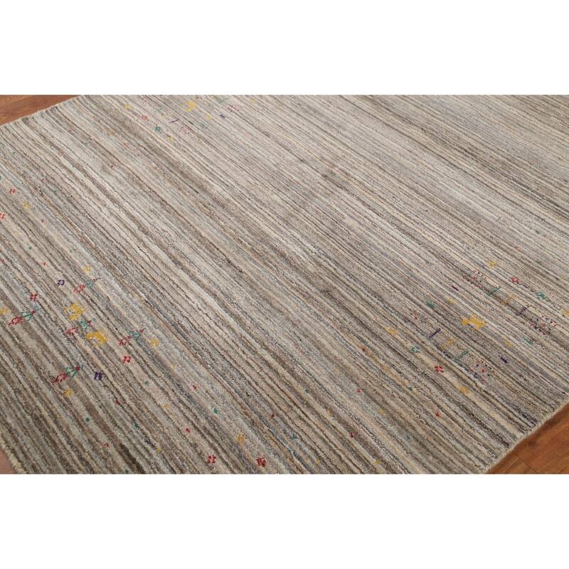 Striped Gabbeh Indian Area Rug Hand-Knotted Oriental Beige Wool Carpet - 4'11"x 7'11"