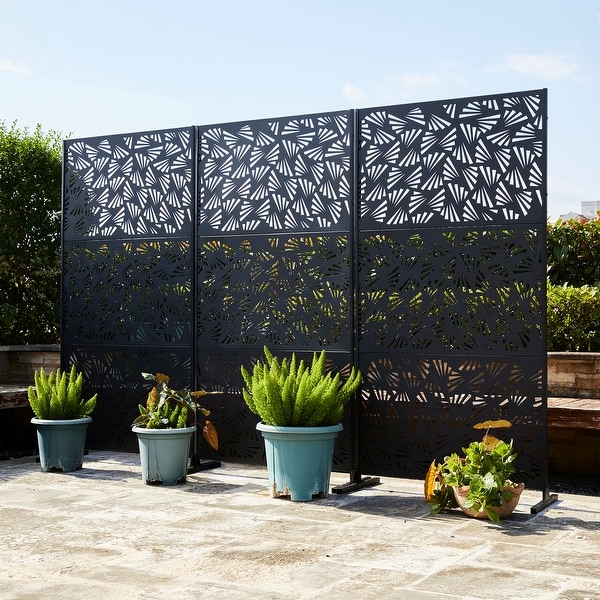 Glitzhome 6ft Galvanized Floral Patterned 3-Panel Privacy Screen