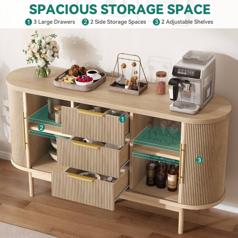 Moasis 55" Mid-Century Modern Fluted Sideboard Coffee Bar Storage Cabinet w/3 Drawers and Sliding Doors
