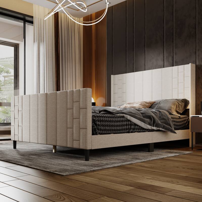 Upholstered Bed Frame with USB Port, Platform Bed with Headboard and Footboard Queen Size