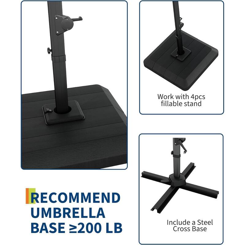 10x10Ft Square Solar LED Cantilever Umbrella , with Weighted Base