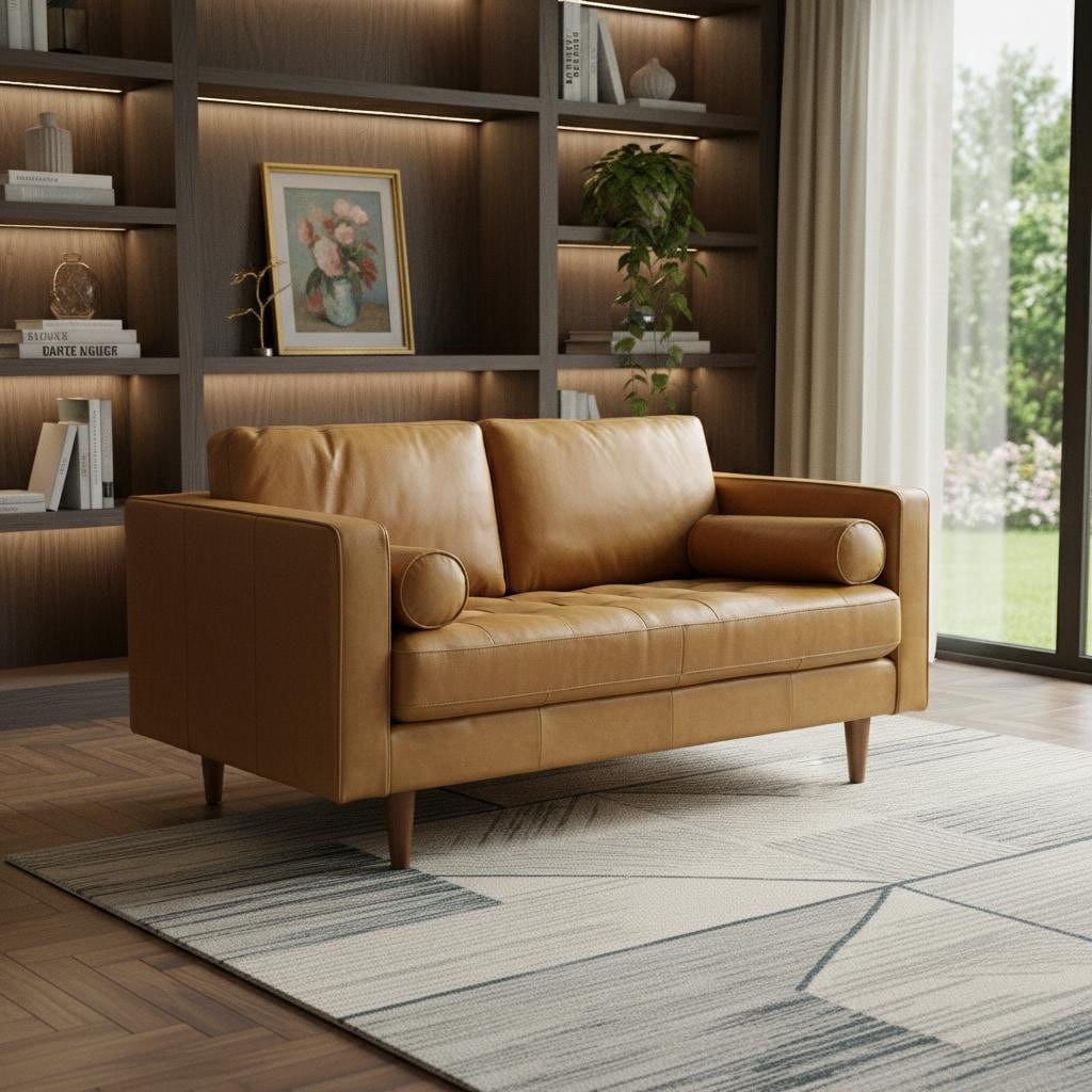 HomeRoots 65" Tan Leather Sofa With Brown Legs