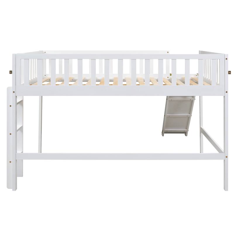 Full Size Low Loft Bed with Ladder and Slide, White - Space-Saving Design, Removable Slide, Sturdy Pine Wood Construction