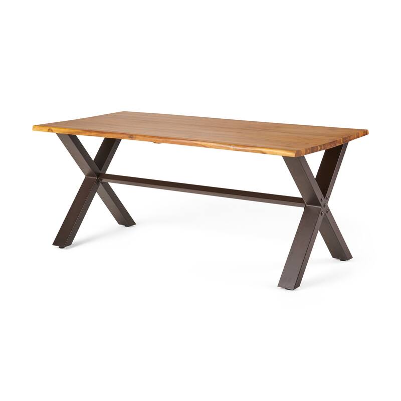 Roomfitters Rectangular Outdoor Dining Table, Wooden Patio Table with X-Shaped Metal Legs for Garden or Deck, Teak