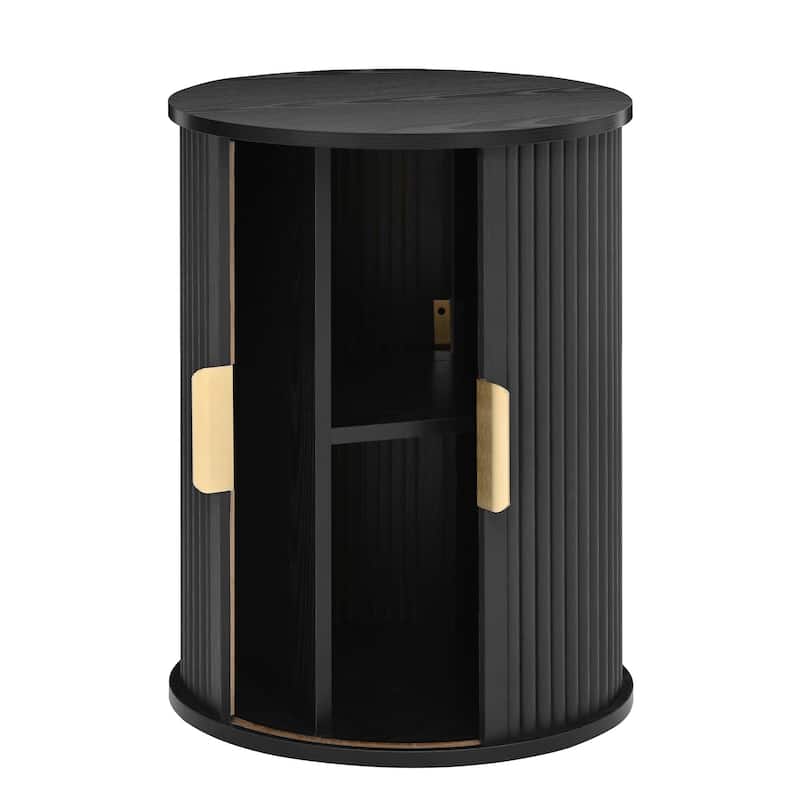 Mid-Century Coffee Table Set with Sliding Tambour Door - Round Fluted End Table with Storage