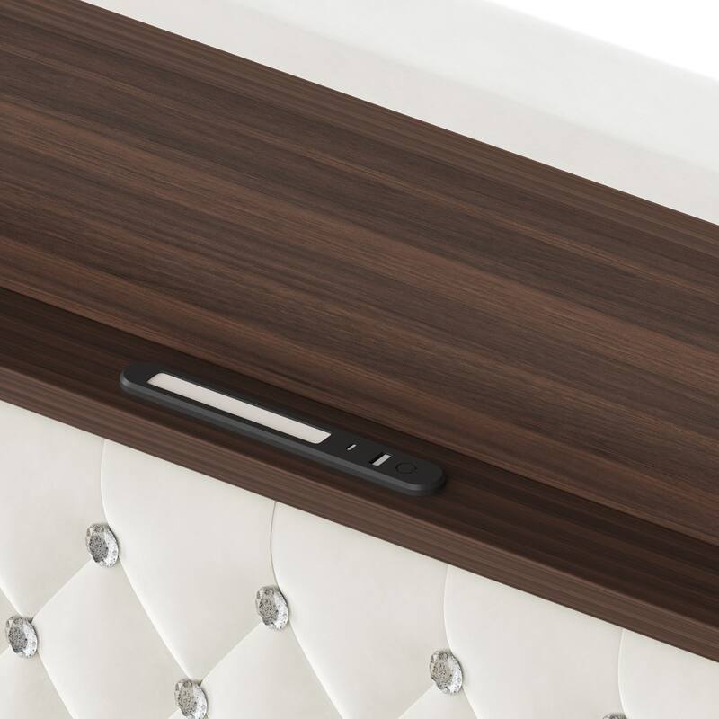 Velvet Tufted Platform Bed with USB Port and Night Light with 52'' High Headboard Shelf