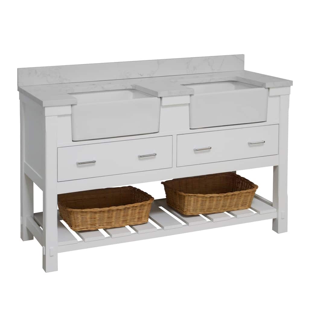KitchenBathCollection Charlotte 60" Double Farmhouse Bathroom Vanity with Engineered Carrara Top