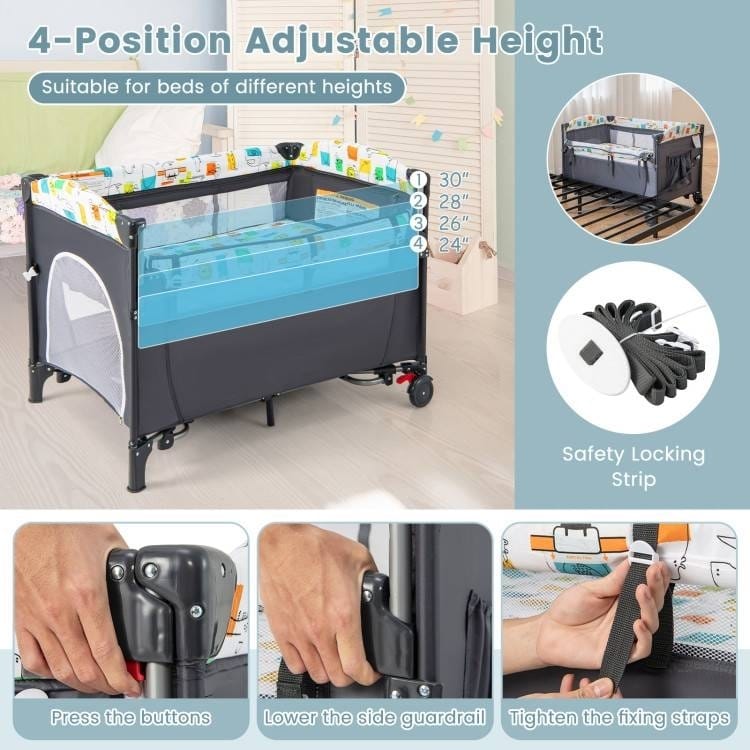 5-in-1 Infant Bed Cradle Changing Table with Side Storage and Music Rack Safety Strap - 43" x 29.5" x 32.5" (L x W x H)