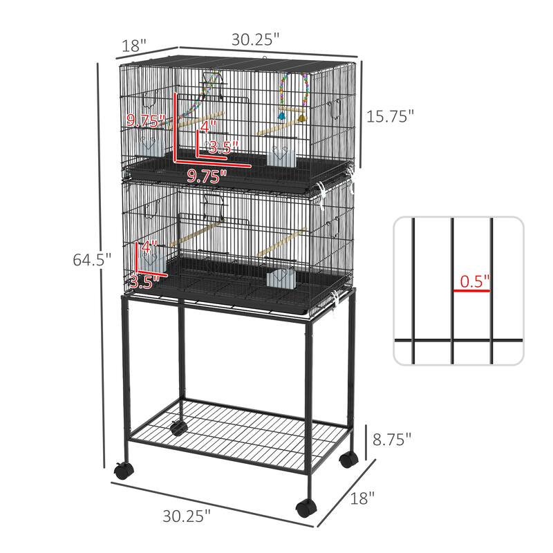 PawHut Double Stackable Bird Cage on Wheels w/ Stand for Canaries