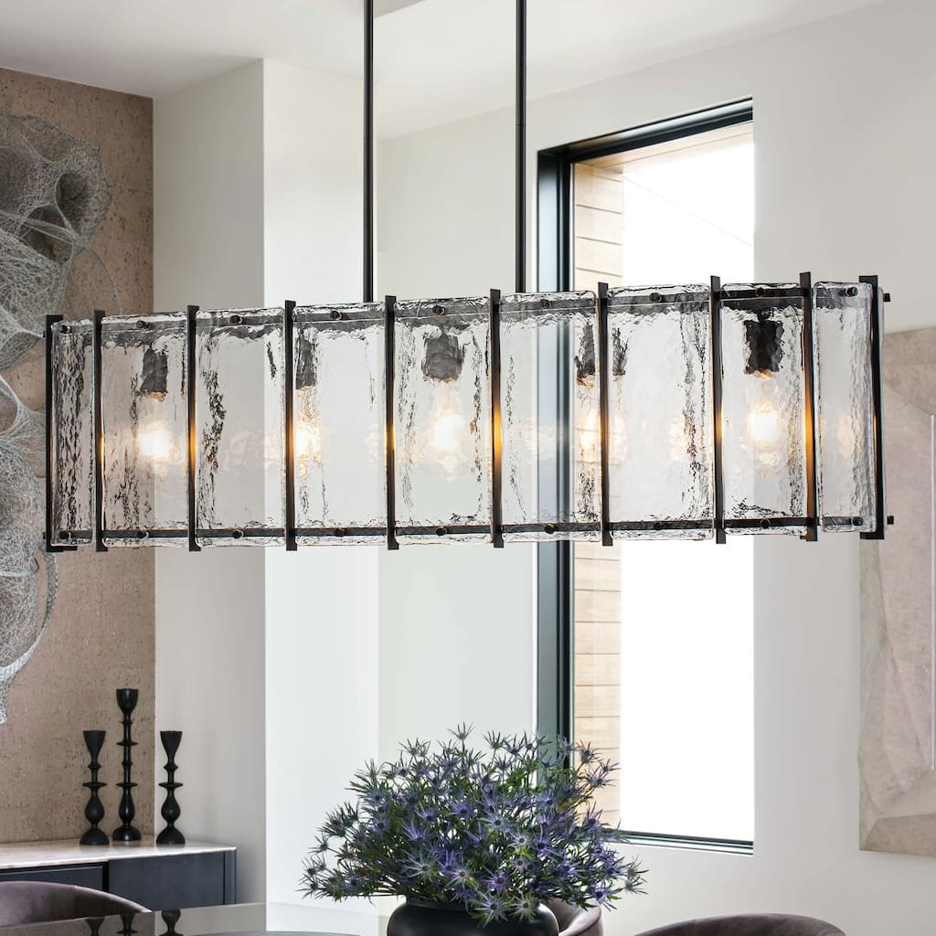 5-Light Matte Black Linear Chandelier Clear Textured Glass Shades - L 42.13 inch