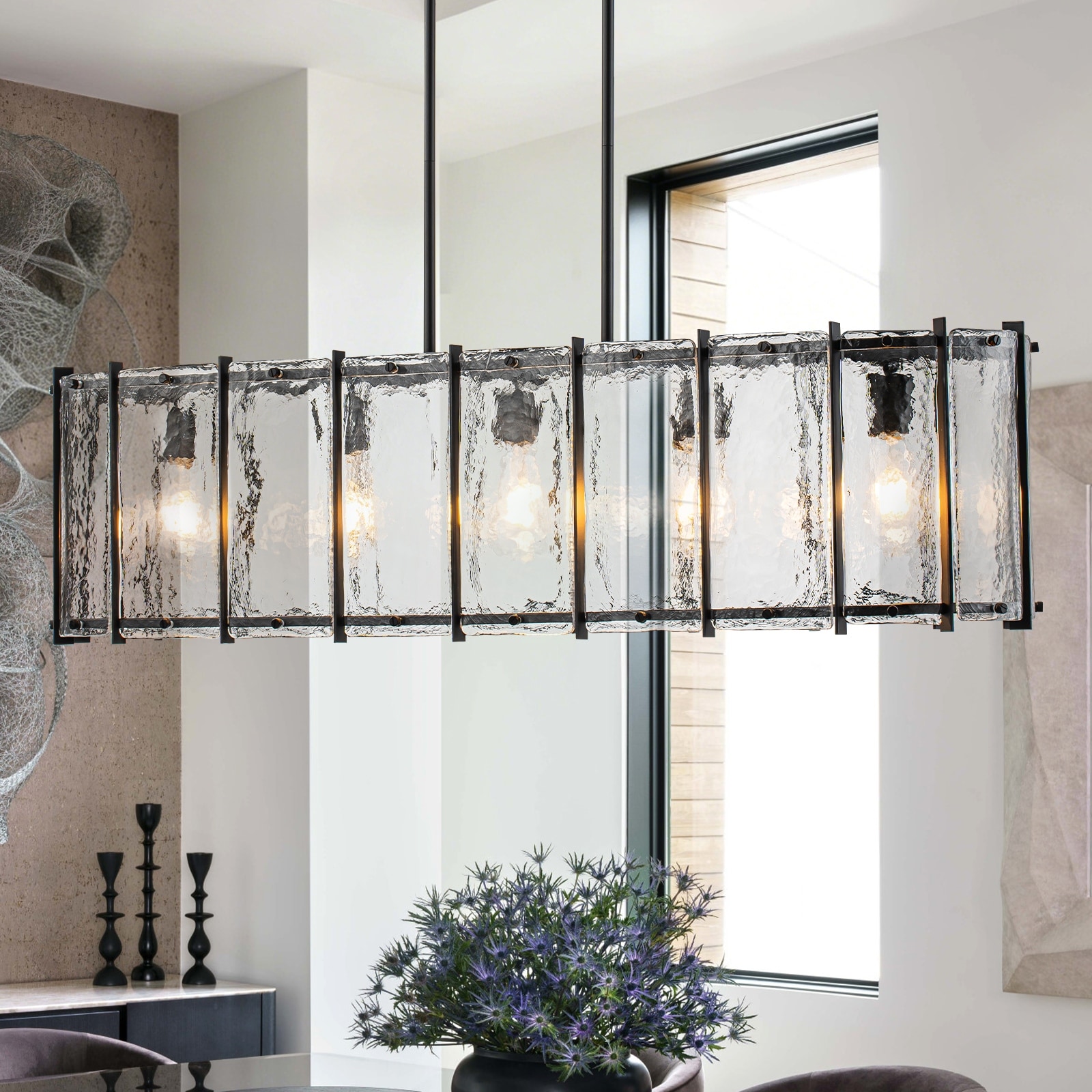5-Light Matte Black Linear Chandelier Clear Textured Glass Shades - L 42.13 inch