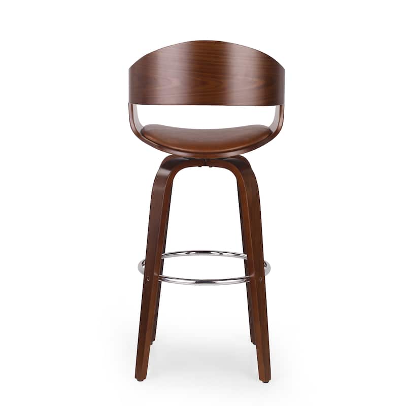 Roomfitters Mid-Century Modern Bentwood Bar Stool with Swivel Faux Leather Seat and Chrome Footrest, Brown