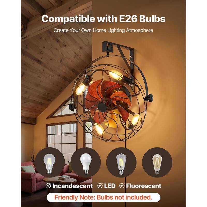 21 Inch Wall Mounted Fan with Light Remote 6 Speed E26 Socket No Bulb