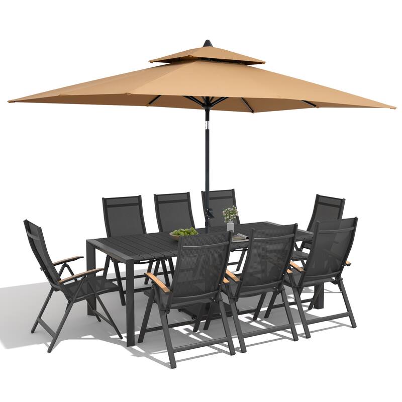 9/11-Piece Outdoor Patio Dining Set Aluminum Dining Table and Chairs w/10 ft Market Umbrella and Base with Wheels