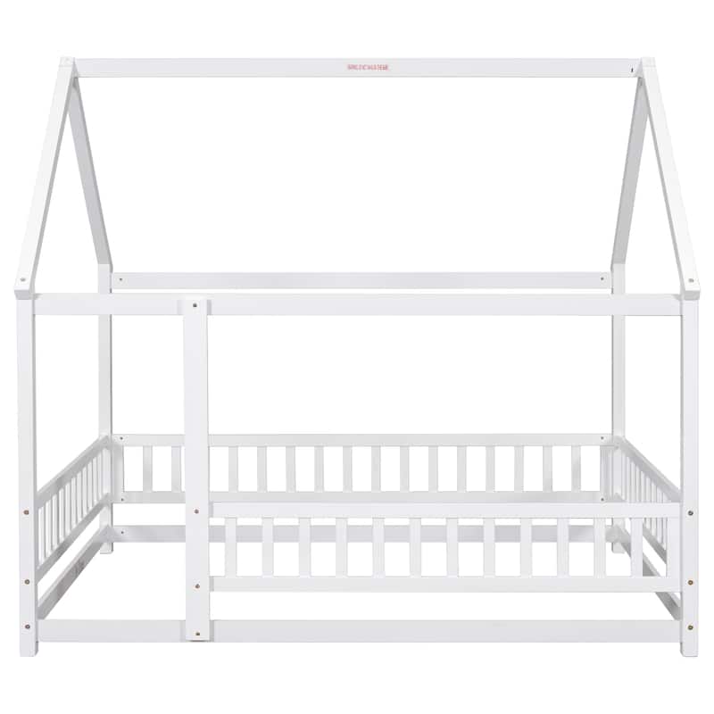 Floor Wooden Bed with House Roof Frame, Fence Guardrails